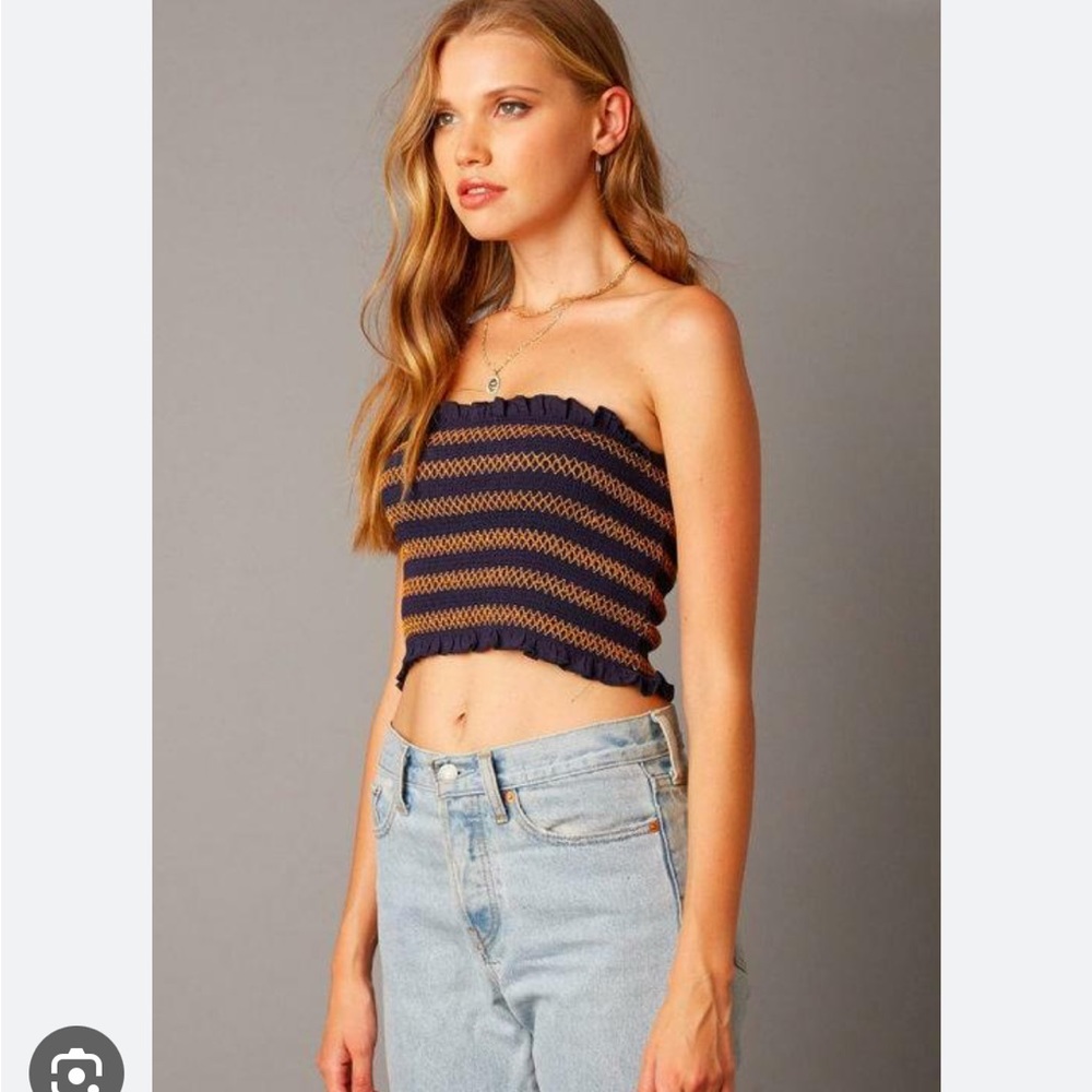 FOREVER 21 Navy Blue Striped Smocked Crop Top